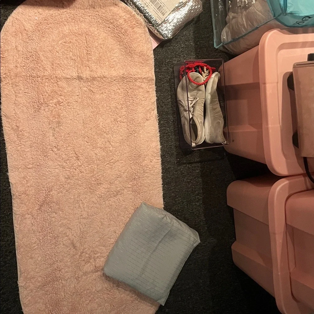 Plush Oval Pink Shag Rug with Light green shower curtain!